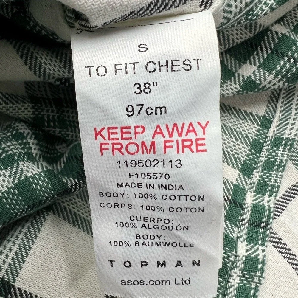 Topman‎ Mens Green White Plaid Embroidered Peace Flannel Button Down Shirt S NEW
